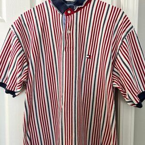 Vintage Mens 90s Tommy Hilfiger Red White Blue Stripe Short Sleeve Polo Shirt L